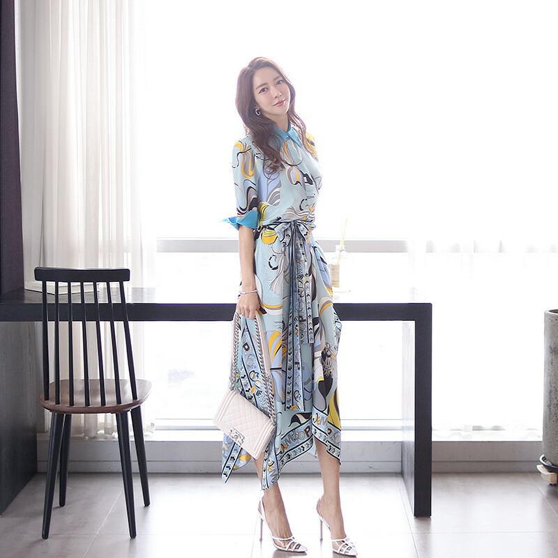 【dress】韓国風気質満点ファッション折り襟不規則 プリントワンピース G0398