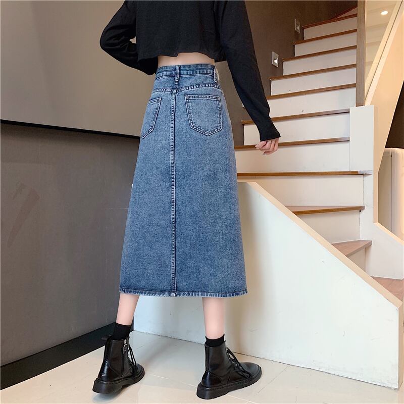 【bottoms】細身効果抜群♪INS風ポケット付きスリット合わせやすいデニムスカート