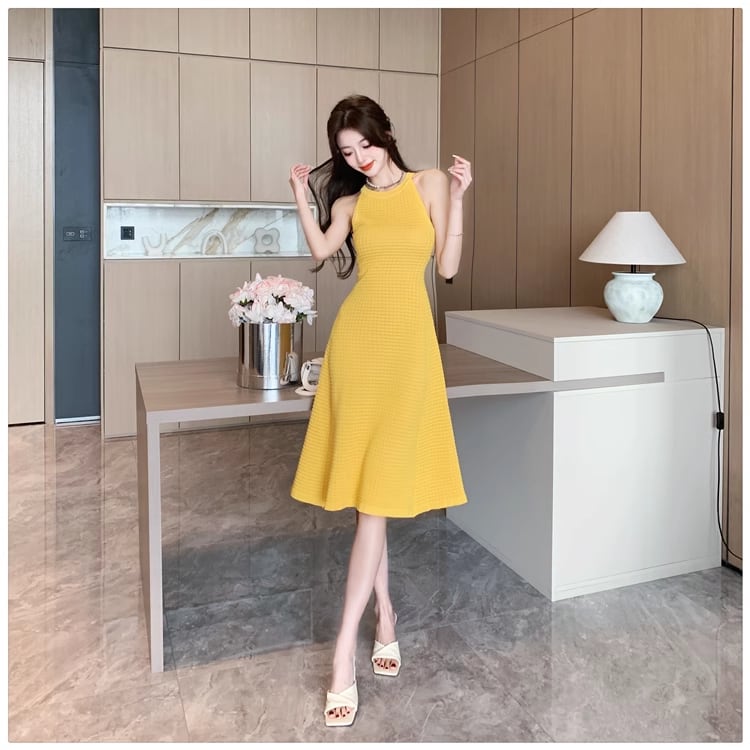 【dress】ホルターネックAラインニットワンピースF7458