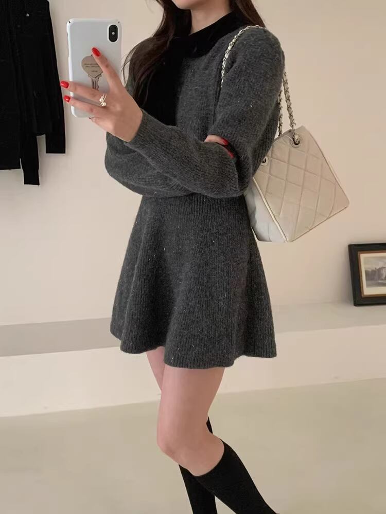 【dress】スカーフカラーニットワンピース Q7482