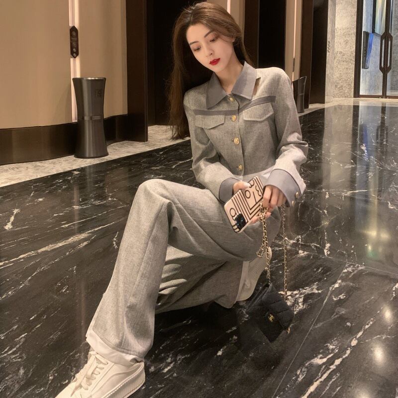 【set】偽二つ切り替えトップス+パンツセットアップF6077