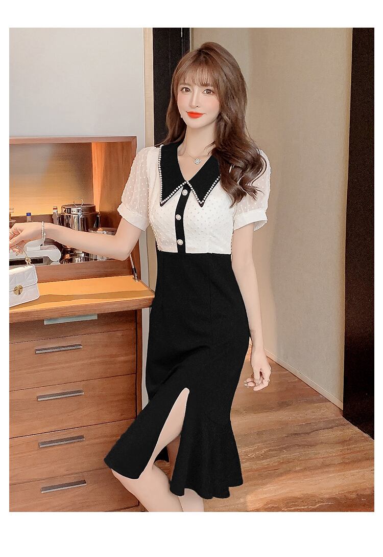 【dress】気質満点スリットマーメイドドールカラーセーターパフスリーブワンピース