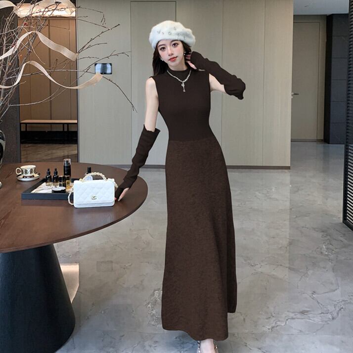 【dress】アームカバー付きドッキングニットワンピース　M28118