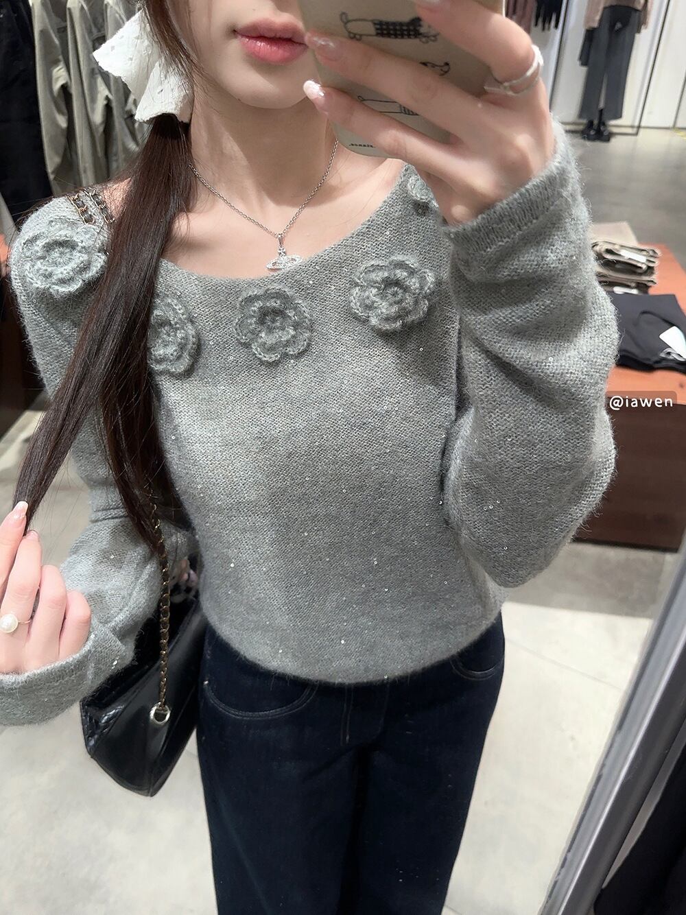 【tops】スパンコール立体フラワーニットトップス　M27222