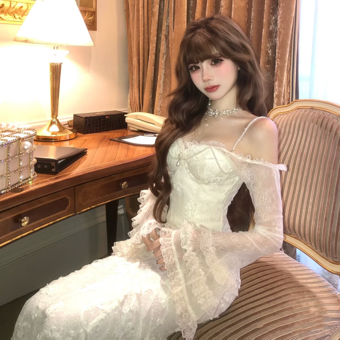 【set】ベルスリーブレーストップス×マーメイドスカートセット N3414