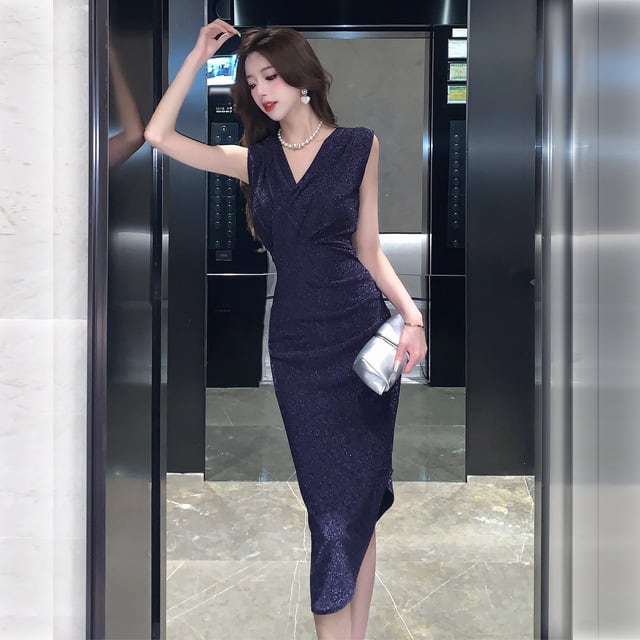 【dress】VネックスリットタイトワンピースF7321