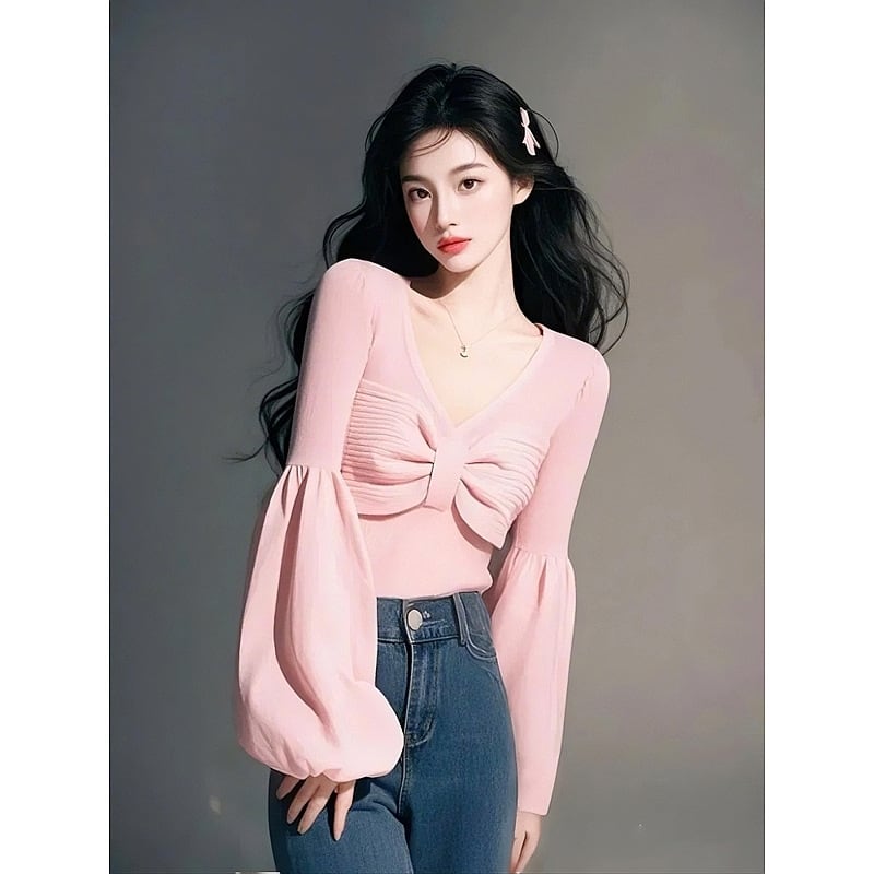 【tops】リボン付きニットトップス　M28771