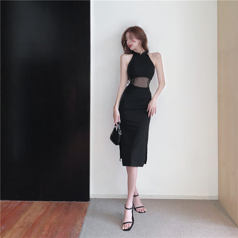 【dress】ノースリーブチュールドッキングワンピース Q8431