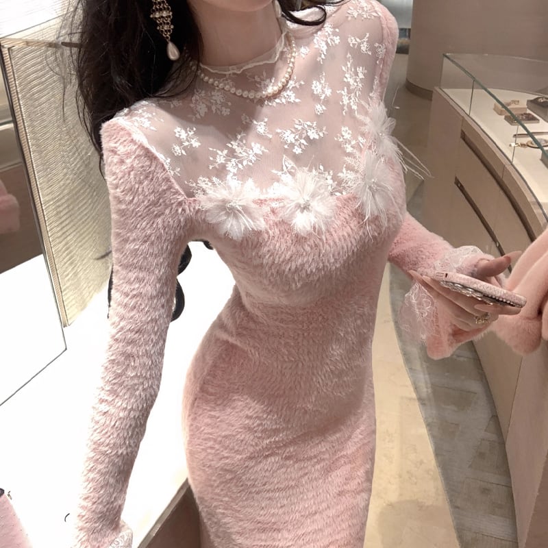 【dress】レースドッキングニットワンピース Q7275