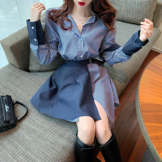 【set】ファッション気質満点個性派スカート+切り替えストライプ柄シャツワンピース２点セット G9207