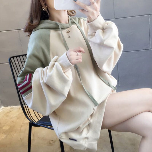 【tops】韓国ファッション長袖フード付き配色ゆったりカジュアルパーカーW0368