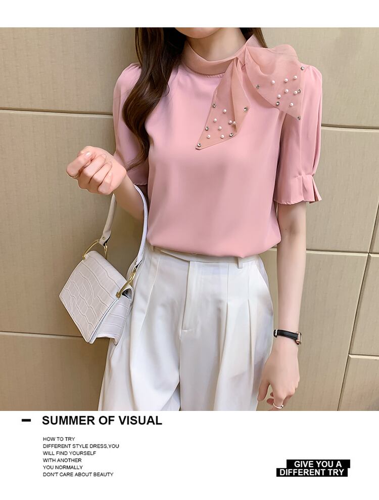 【tops】美人度アップ!スウィートリボンルーズシフォンパフスリーブフランス風シャツ G6683