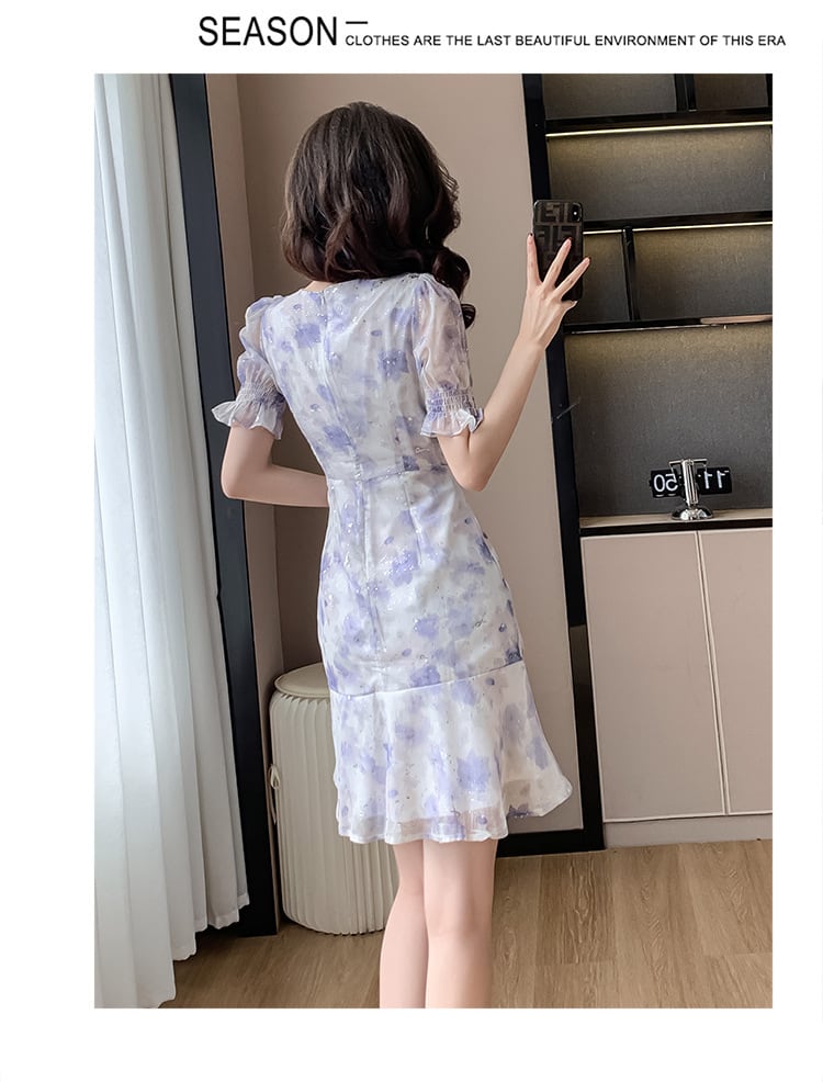 【dress】Vネック花柄シフォンマーメイドワンピース G21275