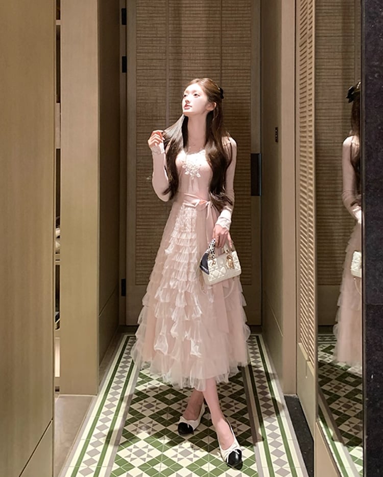 【dress】レース付きニットドッキングチュールワンピース Q7646