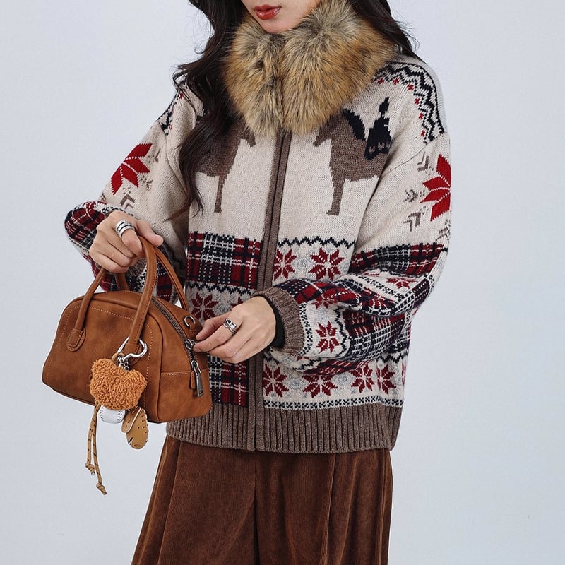 【outer】ファー付きニットカーディガン Q7611