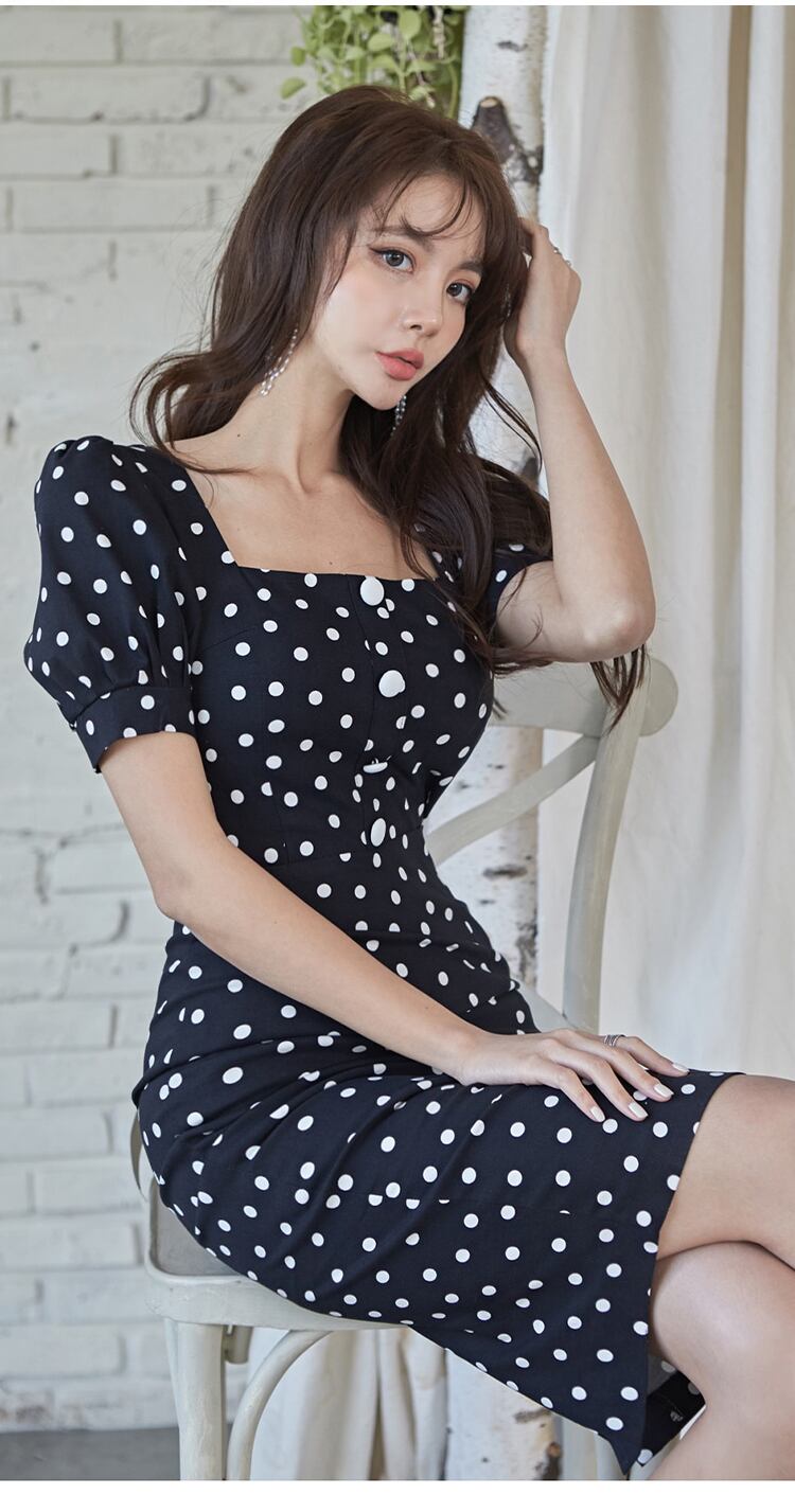 【dress】エレガント気質満点ハイウエストパフスリーブドット柄 体型カバーワンピース G0411