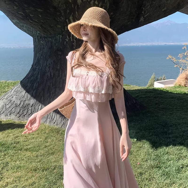 【dress】レースフリルロングキャミワンピース Q8465