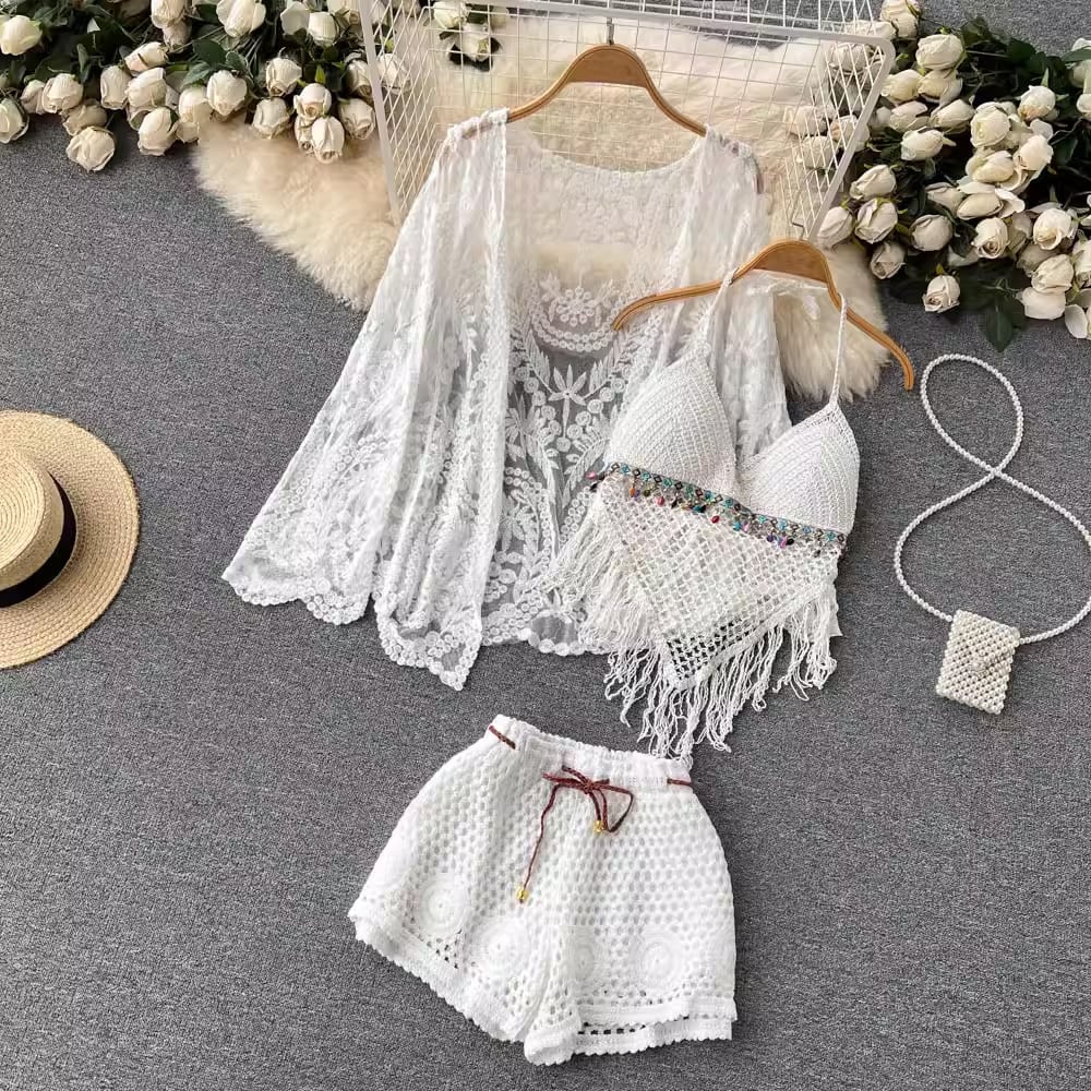 【set】カーディガン+フリンジキャミソール+ショートパンツ3点セットF7520