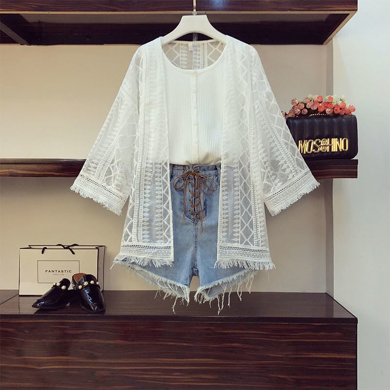 【set】好感度満載！3点セットレースカーディガン+無地タンクトップ+デニムショートパンツF0233