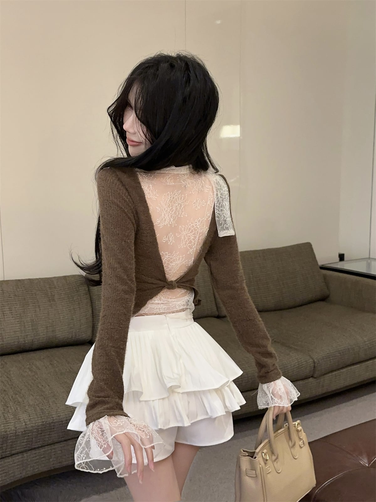 【tops】レースドッキングニットトップス　N2909