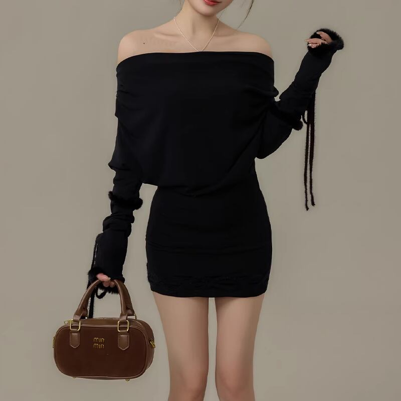 【dress】ファー付きオフショルダーニットワンピース Q7730