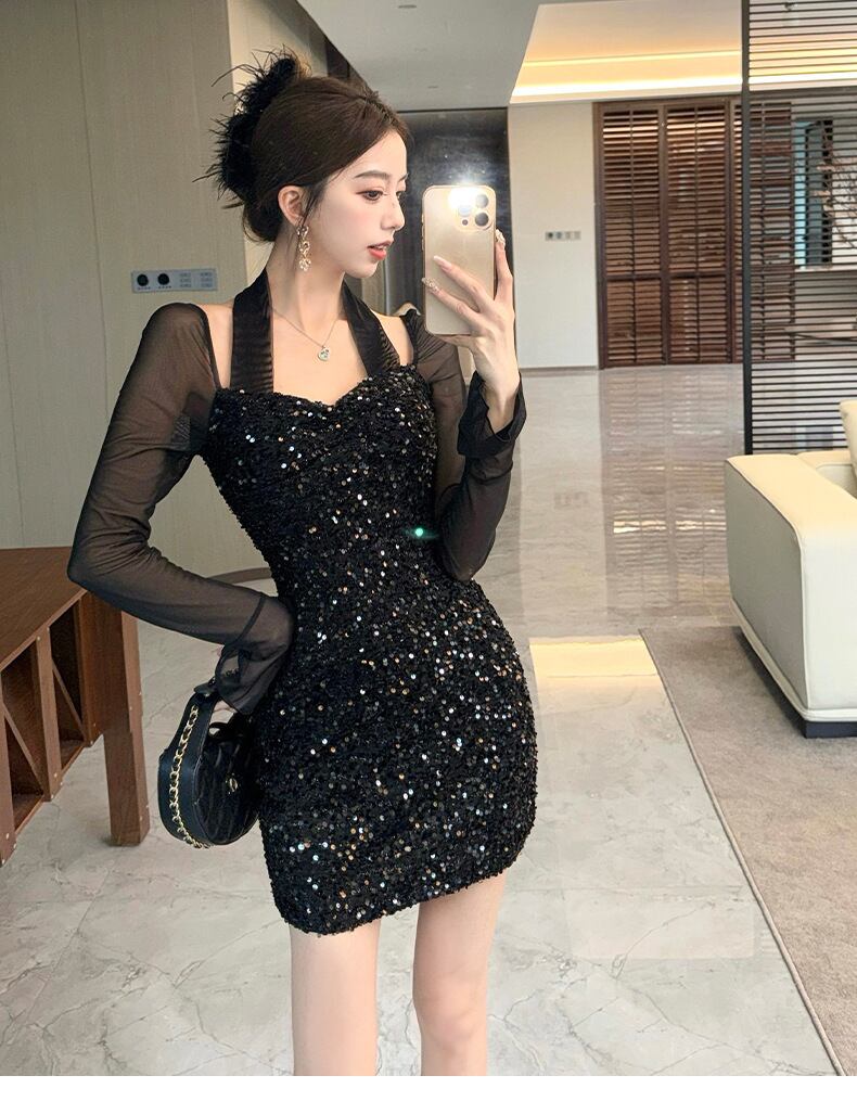 【dress】スパンコールチュールコンビワンピース　M28438