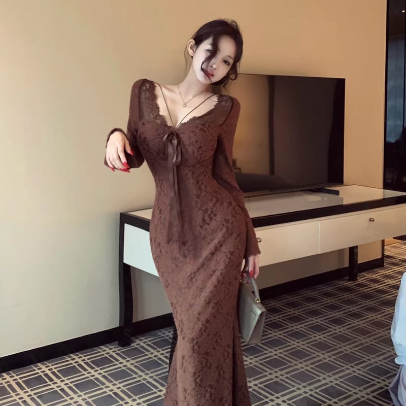 【dress】胸パット付きロングレースワンピース Q8167