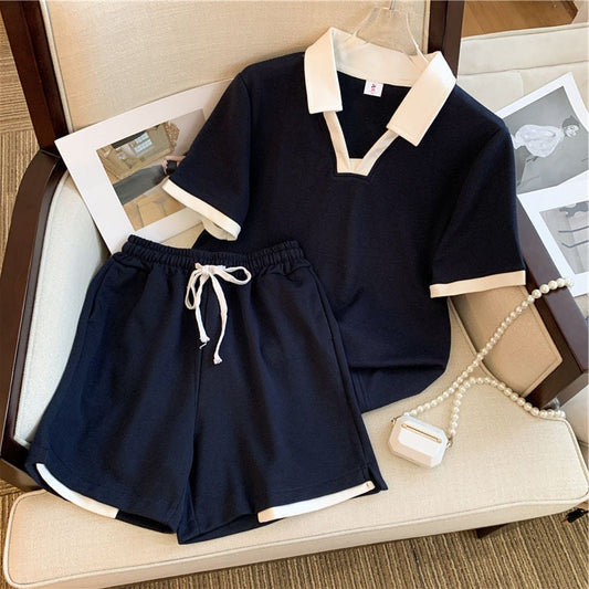 【set】POLOネックＴシャツ+ショートパンツ2点セットF7527