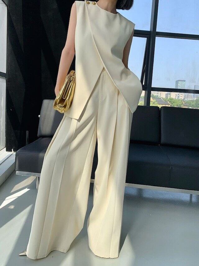 【set】ラウンドネックタンクトップ+ガウチョパンツセットアップF7318