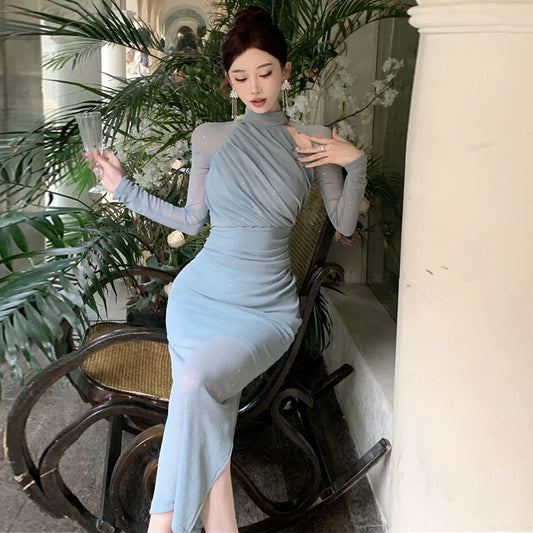 【dress】ギャザーメッシュタイトワンピース G20643