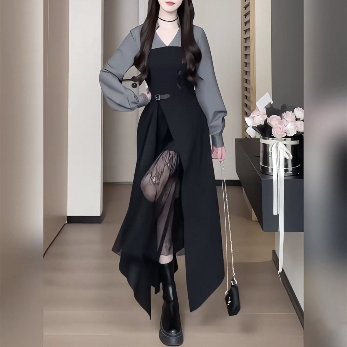 【dress】レースドッキングイレヘムワンピース　N3296