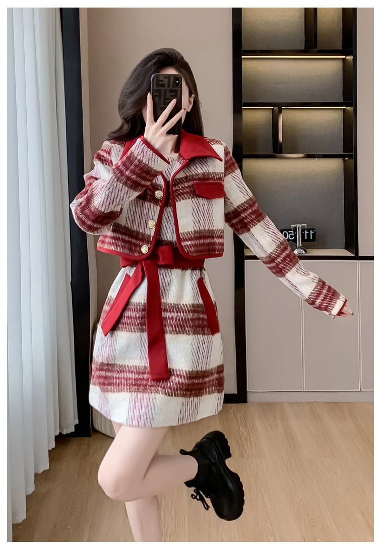 【set】チェック柄ショートコート×ベストワンピースセット　M27623