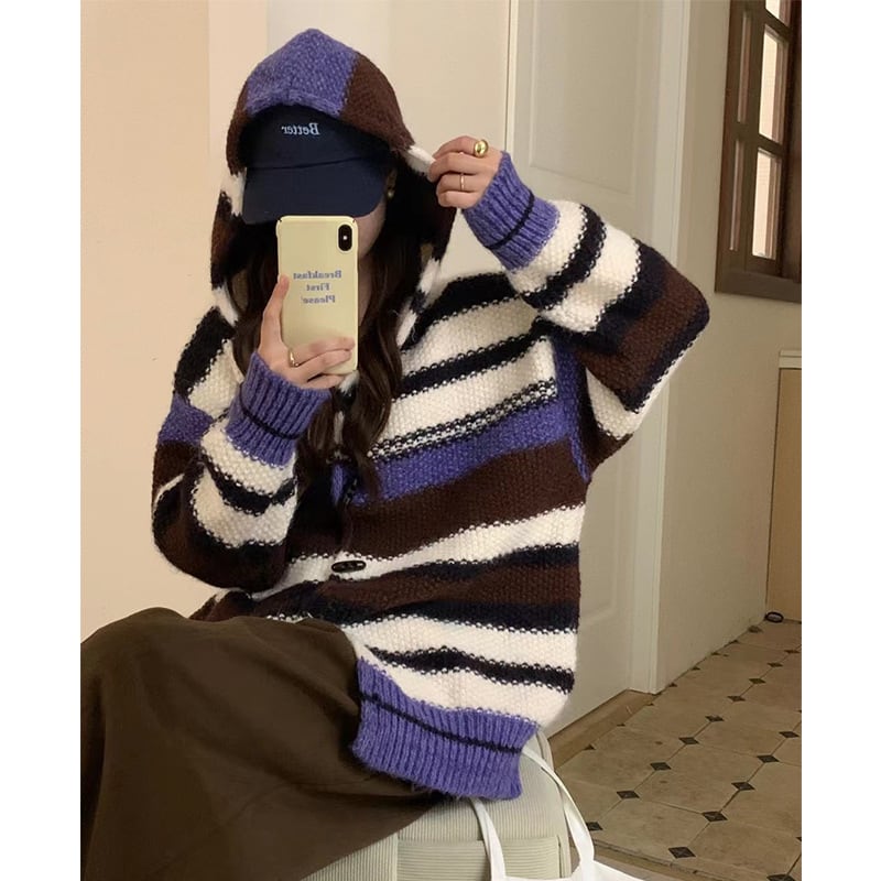 【outer】ボーダー柄ニットカーデ　M26091