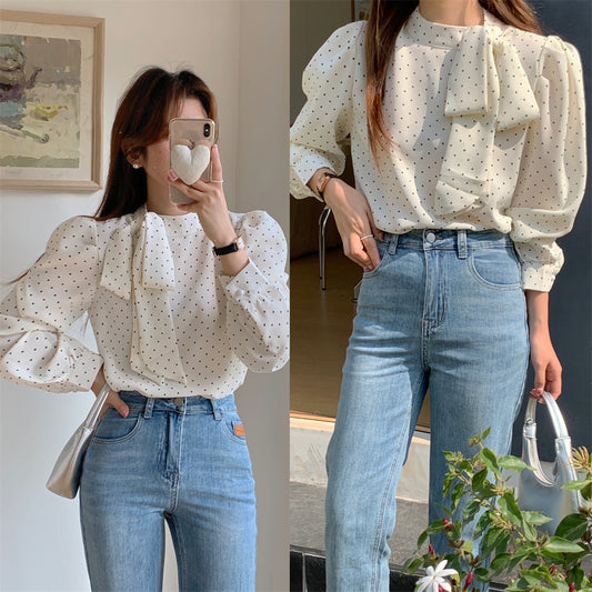 【tops】リボン付きドット柄ブラウスF8307