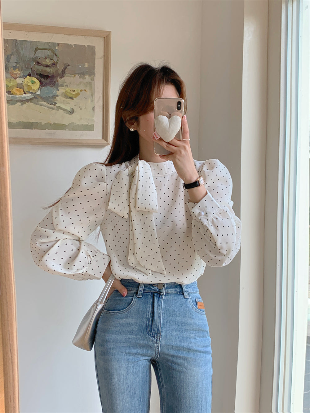 【tops】リボン付きドット柄ブラウスF8307