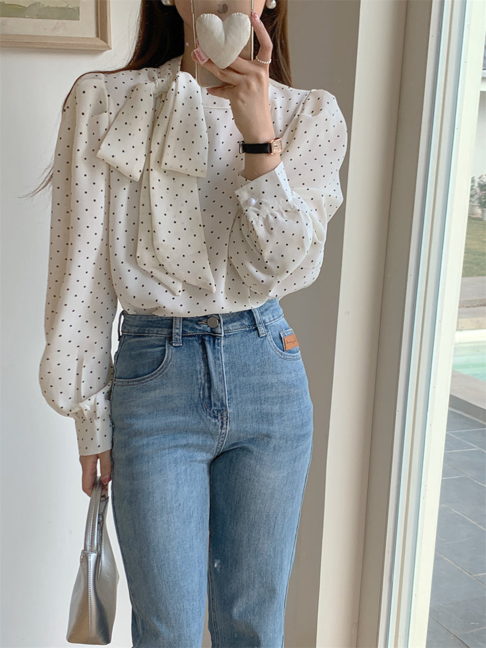 【tops】リボン付きドット柄ブラウスF8307