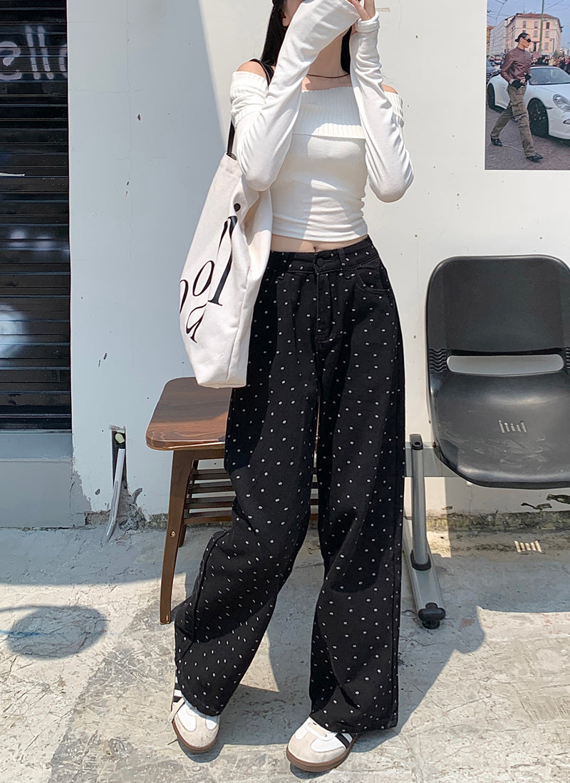 【bottoms】ドット柄ガウチョパンツF8328