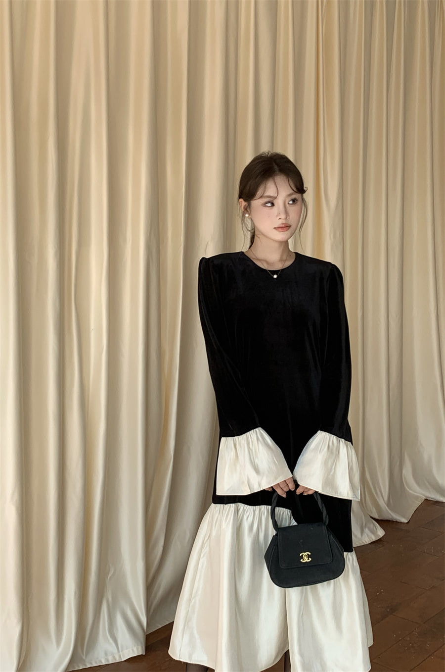 【dress】フレアスリーブ切替デートワンピースF8317