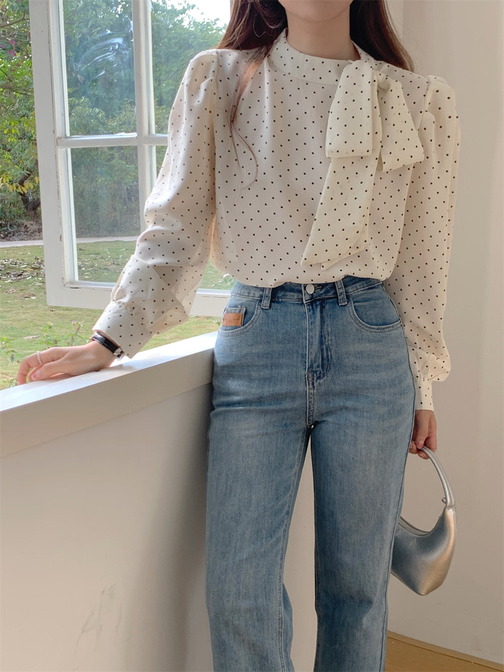 【tops】リボン付きドット柄ブラウスF8307