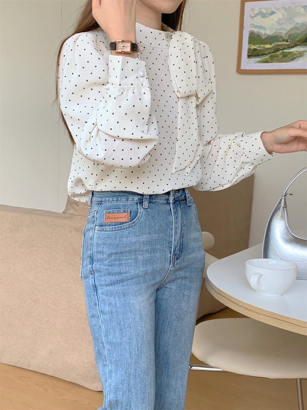 【tops】リボン付きドット柄ブラウスF8307