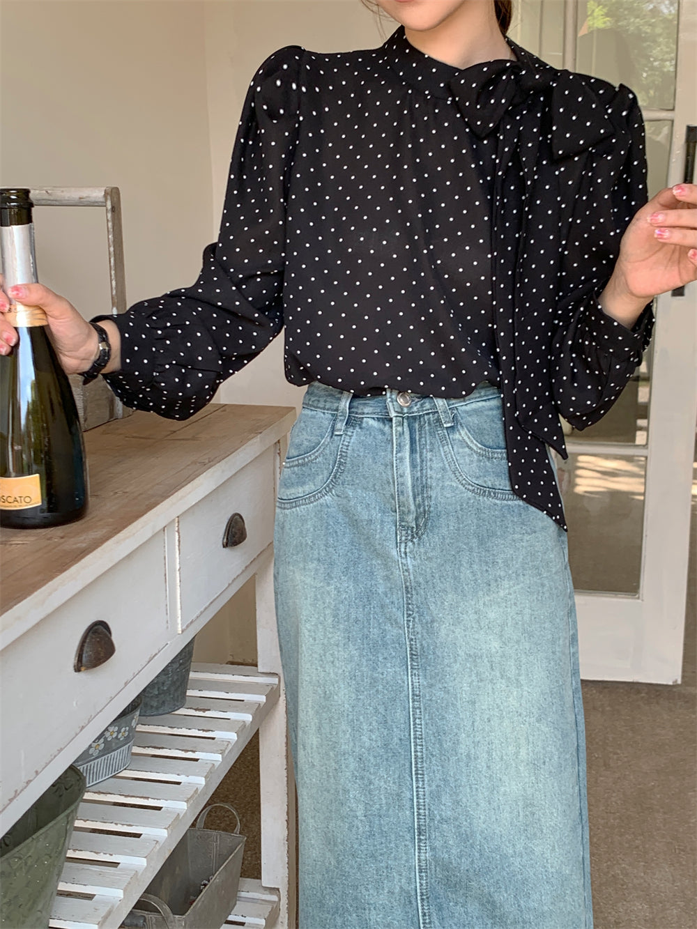 【tops】リボン付きドット柄ブラウスF8307