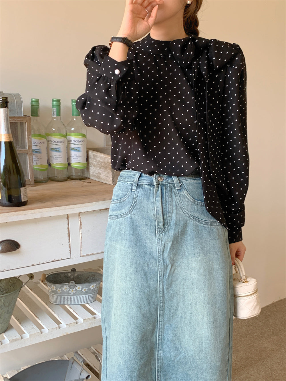 【tops】リボン付きドット柄ブラウスF8307