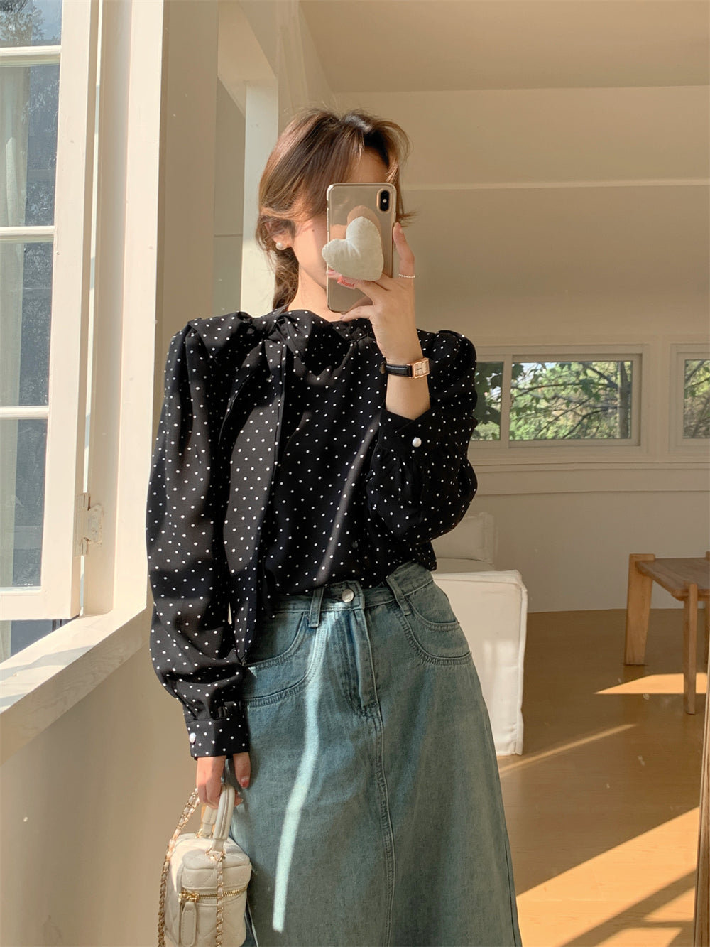 【tops】リボン付きドット柄ブラウスF8307