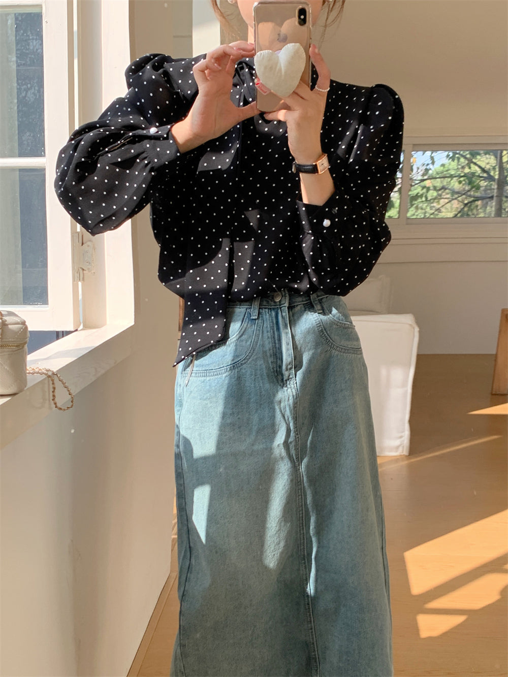 【tops】リボン付きドット柄ブラウスF8307