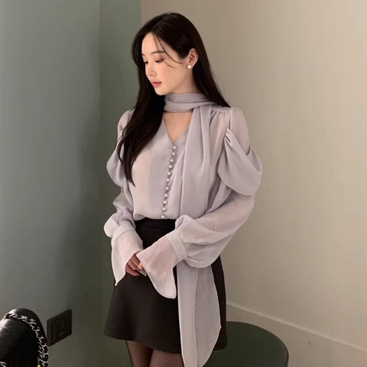 【tops】4色フレアスリーブ長袖ブラウスF7999