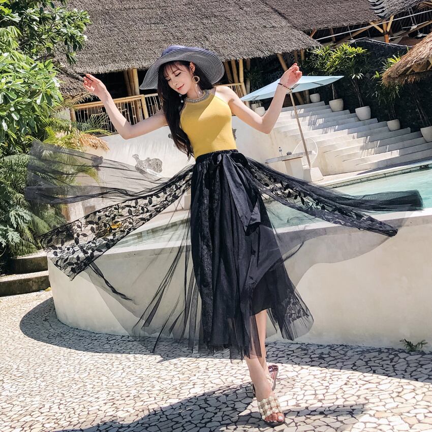 【bottoms】春夏気質アップINS風着痩せハイウエスト花柄メッシュスカート