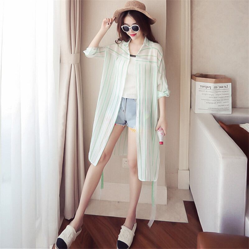 【outer】細身効果抜群♪シンプル長袖UVカット紫外線対策ファッションストライプ柄シャツ