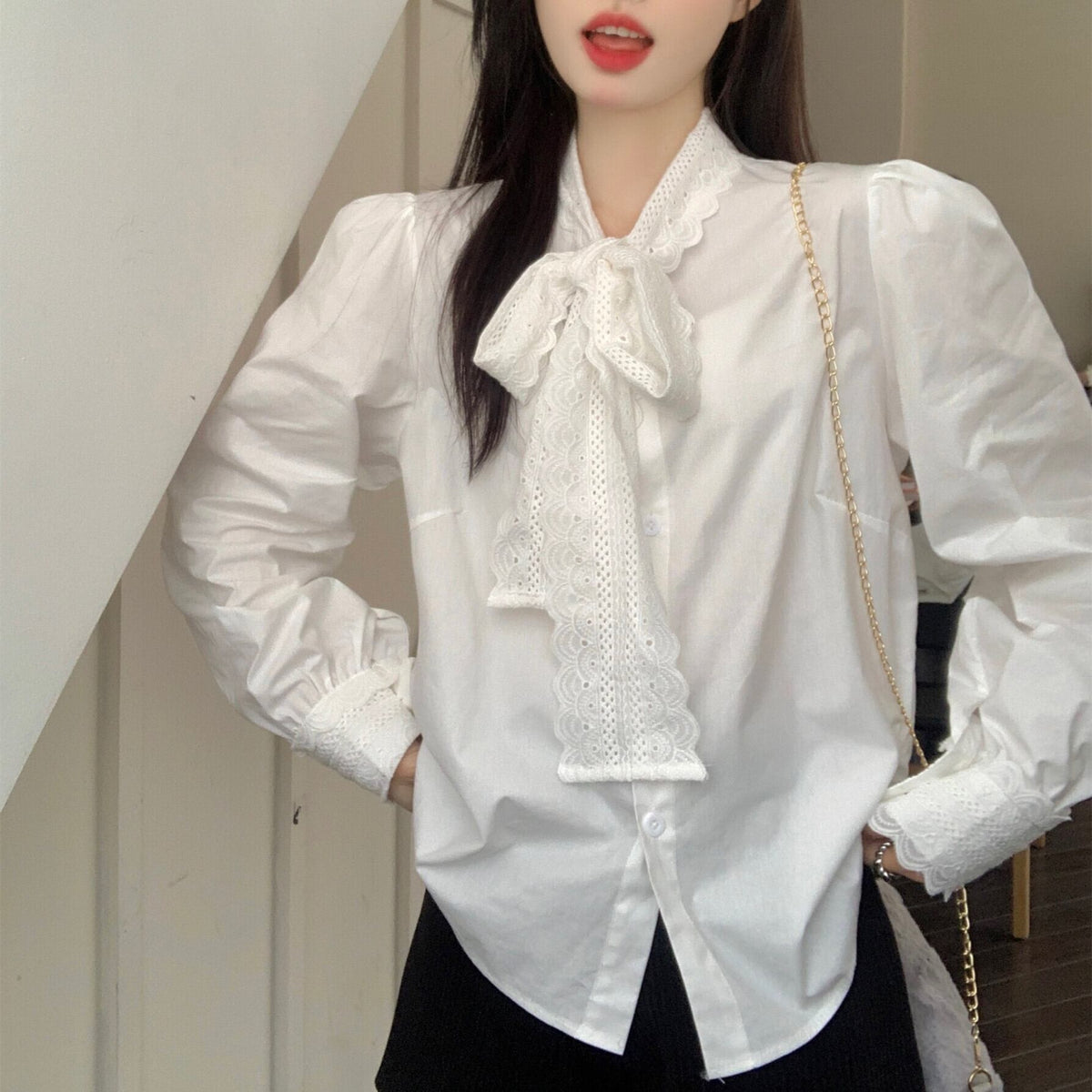【tops】レース切り替えシャツブラウス　M29816