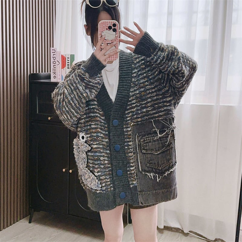 【outer】デニム切り替えニットカーデ　M25786