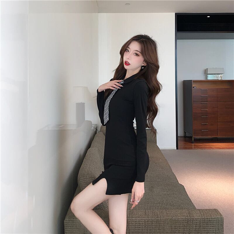 【dress】ネクタイ付きシャツワンピース Q8088